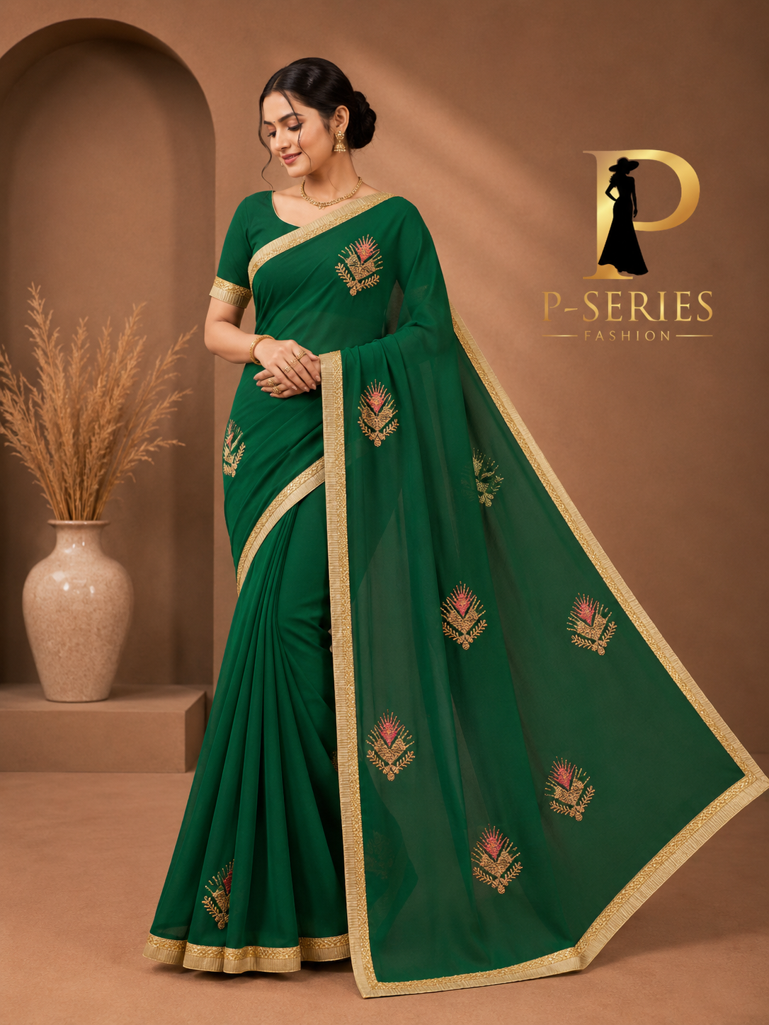 Bottle Green Premium Designer Saree with Golden Border